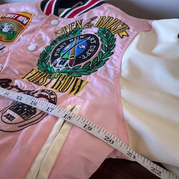 First Row Pen & Brush Cropped Varsity Jacket Pink White Patches Sz S - Picture 12 of 12
